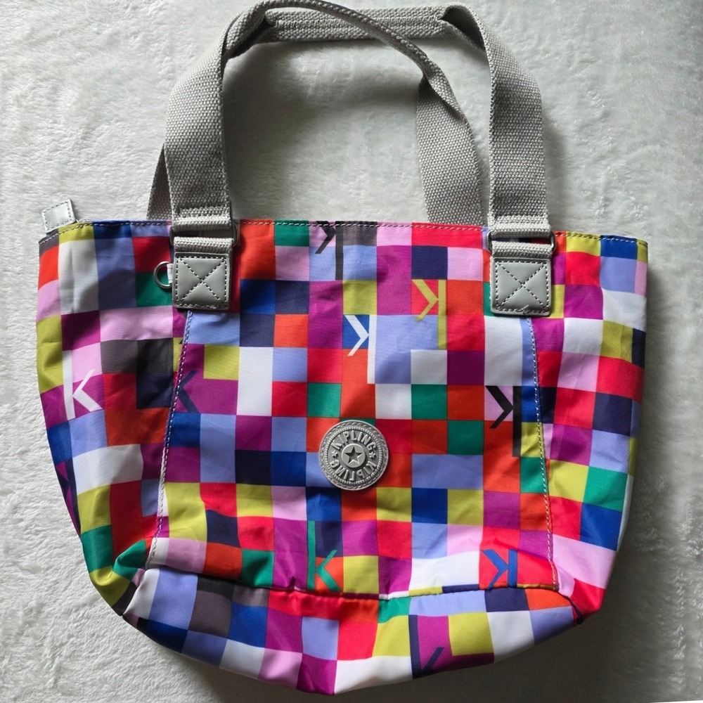 Kipling Multi Color Pixel Print Nylon Tote Bag Rainbow Geometric Zip Top Handbag
